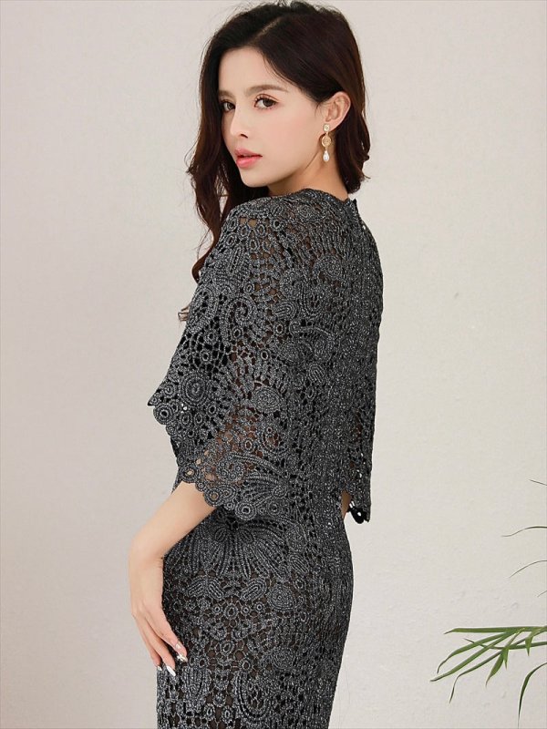 画像4: L-XLサイズあり【ERUKEI エルケイ】ケミカルレース/ ベルスリーブ/ 七分袖/ 長袖/ 袖あり/ ミディアム丈/ ワンピース/ タイト/ ミニドレス/ キャバドレス[OF2]