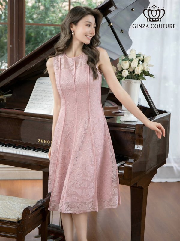 画像1: XS-Lサイズあり 【GINZA COUTURE/銀座クチュール】総レース/ パイピング/ ラインデザイン/ Aライン/ ひざ丈/ ノースリーブ/ ワンピース/ ミディアムドレス/ キャバドレス[OF2]