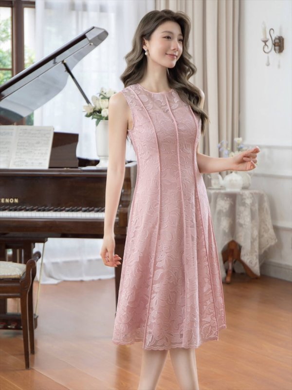 画像2: XS-Lサイズあり 【GINZA COUTURE/銀座クチュール】総レース/ パイピング/ ラインデザイン/ Aライン/ ひざ丈/ ノースリーブ/ ワンピース/ ミディアムドレス/ キャバドレス[OF2]