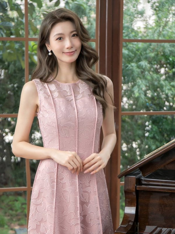 画像4: XS-Lサイズあり 【GINZA COUTURE/銀座クチュール】総レース/ パイピング/ ラインデザイン/ Aライン/ ひざ丈/ ノースリーブ/ ワンピース/ ミディアムドレス/ キャバドレス[OF2]