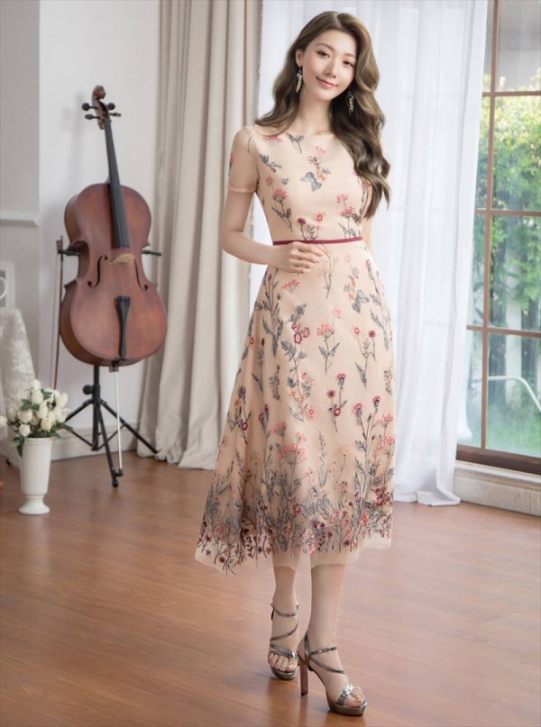 画像16: XS-Lサイズあり 【GINZA COUTURE/銀座クチュール】フラワー刺繍/ 半袖/ 袖あり/ ボートネック/ ミディアム丈/ 膝丈/ Aライン/ フレア/ ワンピース/ ミディアムドレス/ キャバドレス[OF2]