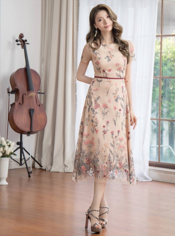 画像15: XS-Lサイズあり 【GINZA COUTURE/銀座クチュール】フラワー刺繍/ 半袖/ 袖あり/ ボートネック/ ミディアム丈/ 膝丈/ Aライン/ フレア/ ワンピース/ ミディアムドレス/ キャバドレス[OF2]