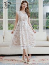 XS-Lサイズあり 【GINZA COUTURE/銀座クチュール】総レース/ スパンコール/ Vネック/ ウエストマーク/ Aライン/ ミディアムドレス/ ワンピース/ キャバドレス[OF2]