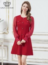 XS-Lサイズあり【GINZA COUTURE/銀座クチュール】ビジューボタン/ シアースリーブ/ 長袖/ ポケットデザイン/ 膝丈/ Aライン/ ミディアムドレス/ キャバドレス[OF2]