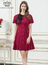 XS-Lサイズあり 【GINZA COUTURE/銀座クチュール】バイカラー/ リボン/ 半袖/ 袖あり/ プリーツ/ フレア/ Aライン/ ワンピース/ ミニドレス/ キャバドレス[OF2]
