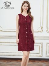 XS-Lサイズあり【GINZA COUTURE/銀座クチュール】ツイード/ スパンコール/ ボタン/ ノースリーブ/ Aライン/ 膝丈/ ワンピース/ ミディアムドレス/ キャバドレス[OF2]