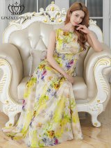 XS-Lサイズあり 【GINZA COUTURE/銀座クチュール】フラワー柄/ プリント/ シワ加工サテン/ ウエストリブ/ ノースリーブ/ ハイウエスト/ Aライン/ フレア/ ワンピース/ ロングドレス/ キャバドレスlong[OF2]