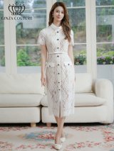 XS-Lサイズあり 【GINZA COUTURE/銀座クチュール】フラワーレース/ ハイネック/ 半袖/ 袖あり/ フェイクポケット/ タイト/ ミモレ丈/ ワンピース/ ミディアムドレス/ キャバドレス[OF2]