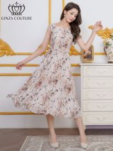 XS-Lサイズあり【GINZA COUTURE/銀座クチュール】ボートネック/ プリント/ シフォン/ ノースリーブ/ Aライン/ 膝丈/ フレア/ ミディアムドレス/ キャバドレス[OF2]