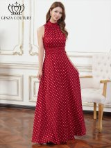 XS-Lサイズあり【ERUKEI エルケイ】ドット/ ネックフリル/ ウエストマーク/ マキシ丈/ アメリカンスリーブ/ Aライン/ ワンピース/ ロングドレス/ キャバドレス long[OF2]