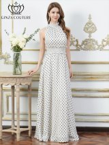 XS-Lサイズあり【ERUKEI エルケイ】ドット/ ネックフリル/ ウエストマーク/ マキシ丈/ アメリカンスリーブ/ Aライン/ ワンピース/ ロングドレス/ キャバドレス long[OF2]