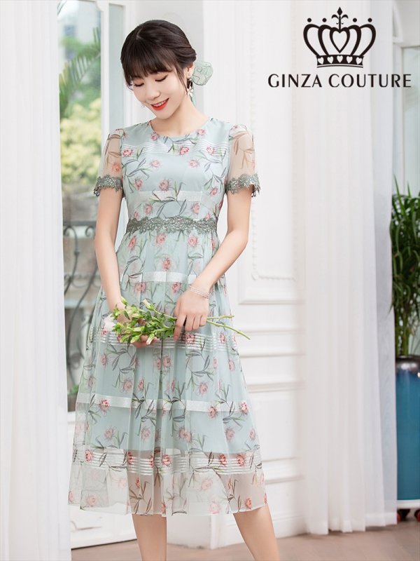 画像10: 【GINZA COUTURE/銀座クチュール】フラワープリント/ 半袖/ 袖あり/ Aライン/ フレア/ ミモレ丈/ ワンピース/ ミディアムドレス/ キャバドレス[OF2]