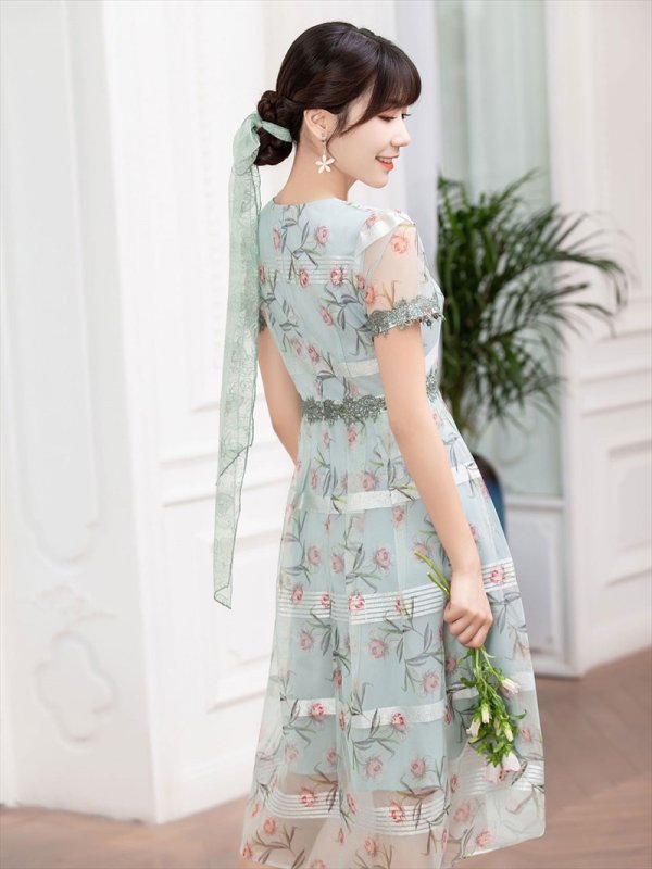 画像12: 【GINZA COUTURE/銀座クチュール】フラワープリント/ 半袖/ 袖あり/ Aライン/ フレア/ ミモレ丈/ ワンピース/ ミディアムドレス/ キャバドレス[OF2]