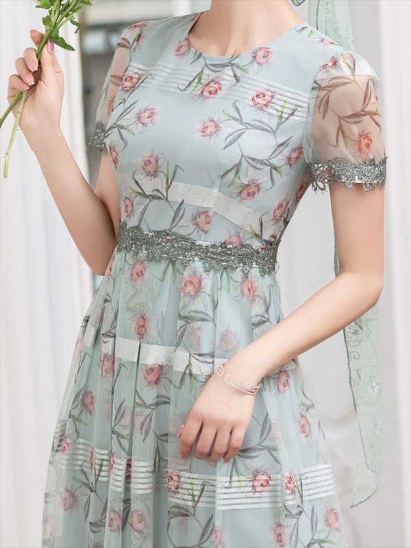 画像13: 【GINZA COUTURE/銀座クチュール】フラワープリント/ 半袖/ 袖あり/ Aライン/ フレア/ ミモレ丈/ ワンピース/ ミディアムドレス/ キャバドレス[OF2]