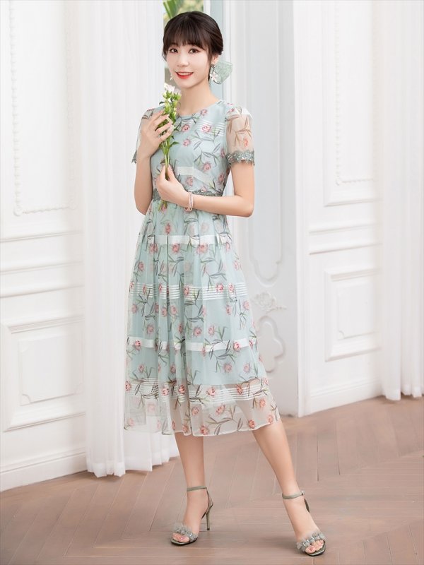 画像15: 【GINZA COUTURE/銀座クチュール】フラワープリント/ 半袖/ 袖あり/ Aライン/ フレア/ ミモレ丈/ ワンピース/ ミディアムドレス/ キャバドレス[OF2]