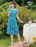 Lサイズあり【GINZA COUTURE/銀座クチュール】フラワープリント/ 袖あり/ 半袖/ チュール/ Aライン/ フレア/ ミモレ丈/ ワンピース/ ミディアムドレス/ キャバドレス　グリーン