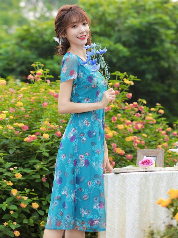 画像4: Lサイズあり 【GINZA COUTURE/銀座クチュール】フラワープリント/ 袖あり/ 半袖/ チュール/ Aライン/ フレア/ ミモレ丈/ ワンピース/ ミディアムドレス/ キャバドレス[OF2]