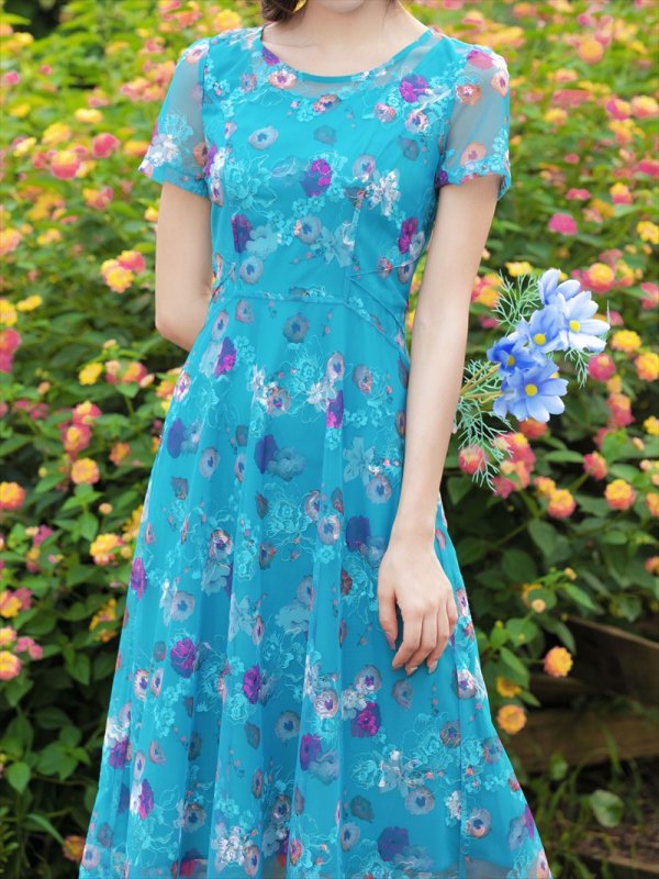 画像5: Lサイズあり 【GINZA COUTURE/銀座クチュール】フラワープリント/ 袖あり/ 半袖/ チュール/ Aライン/ フレア/ ミモレ丈/ ワンピース/ ミディアムドレス/ キャバドレス[OF2]