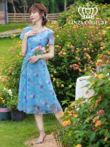 Lサイズあり 【GINZA COUTURE/銀座クチュール】フラワープリント/ 袖あり/ 半袖/ チュール/ Aライン/ フレア/ ミモレ丈/ ワンピース/ ミディアムドレス/ キャバドレス[OF2]