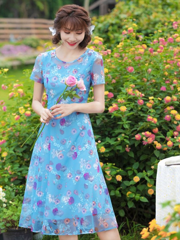 画像11: Lサイズあり 【GINZA COUTURE/銀座クチュール】フラワープリント/ 袖あり/ 半袖/ チュール/ Aライン/ フレア/ ミモレ丈/ ワンピース/ ミディアムドレス/ キャバドレス[OF2]