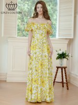 XS-Lサイズあり 【GINZA COUTURE/銀座クチュール】フラワー柄/ プリント/ シフォン/ キャミ/ オフショル/ Aライン/ フレア/ ワンピース/ ロングドレス/ キャバドレスlong[OF2]