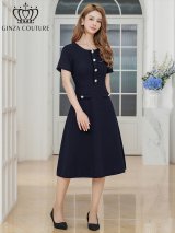 XS-Lサイズあり【GINZA COUTURE/銀座クチュール】シンプル/ ビジュー/ パールボタン/ 半袖/ 袖あり/ 膝丈/ フレア/ ミディアムドレス/ キャバドレス[OF2]