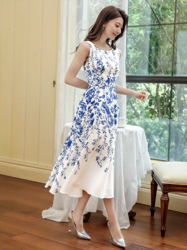 画像10: XS-Lサイズあり 【GINZA COUTURE/銀座クチュール】フラワープリント/ ノースリーブ/ ミモレ丈/ フレア/ Aライン/ ワンピース/ ミディアムドレス/ キャバドレス[OF2]