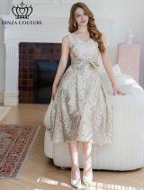 XS-Lサイズあり 【GINZA COUTURE/銀座クチュール】総レース/ ノースリーブ/ ウエストリボン/ Aライン/ フレア/ 膝丈/ ワンピース/ ミディアムドレス/ キャバドレス[OF2]