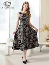 XS-Lサイズあり【GINZA COUTURE/銀座クチュール】フラワープリント/ ボートネック/ ノースリーブ/ ハイウエスト/ Aライン/ フレア/ ワンピース/ ミディアムドレス/ キャバドレス[OF2]