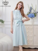 XS-Lサイズあり 【GINZA COUTURE/銀座クチュール】ドット/ ボタン/ ハイネック/ ノースリーブ/ Aライン/ フレア/ 膝丈/ ミディアムドレス/ キャバドレス[OF2]