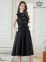 XS-Lサイズあり 【GINZA COUTURE/銀座クチュール】ドット/ ボタン/ ハイネック/ ノースリーブ/ Aライン/ フレア/ 膝丈/ ミディアムドレス/ キャバドレス[OF2]