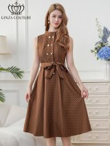 XS-Lサイズあり 【GINZA COUTURE/銀座クチュール】ドット/ ボタン/ ハイネック/ ノースリーブ/ Aライン/ フレア/ 膝丈/ ミディアムドレス/ キャバドレス[OF2]