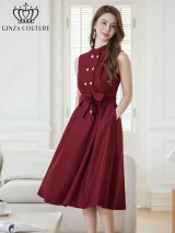 XS-Lサイズあり 【GINZA COUTURE/銀座クチュール】ドット/ ボタン/ ハイネック/ ノースリーブ/ Aライン/ フレア/ 膝丈/ ミディアムドレス/ キャバドレス[OF2]