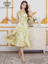 XS-Lサイズあり【GINZA COUTURE/銀座クチュール】ボートネック/ プリント/ サテン/ ノースリーブ/ Aライン/ 膝丈/ フレア/ ミディアムドレス/ キャバドレス[OF2]