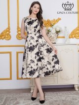 XS-Lサイズあり 【GINZA COUTURE/銀座クチュール】花柄/ フラワープリント/ モノトーン/ ノースリーブ/ フレア/ Aライン/ ワンピース/ ミディアムドレス/ キャバドレス[OF2]