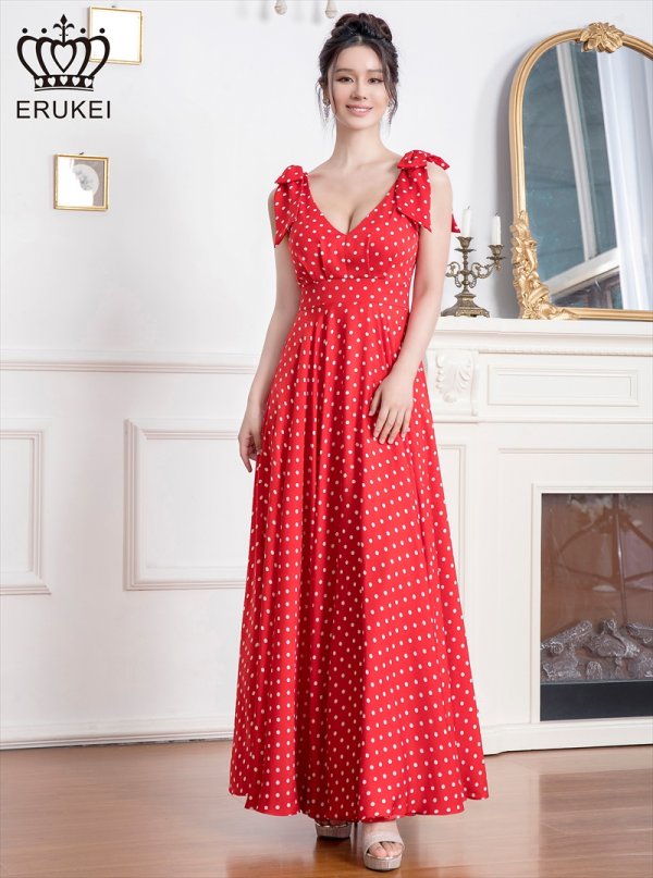 画像15: XS-Lサイズあり【ERUKEI エルケイ】ドットプリント/ ショルダーリボン/ ノースリーブ/ Vネック/ ハイウエスト/ Aライン/ マキシ丈/ ロングドレス/ キャバドレス long[OF2]