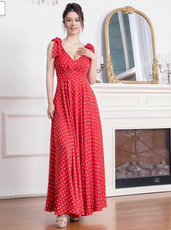 画像14: XS-Lサイズあり【ERUKEI エルケイ】ドットプリント/ ショルダーリボン/ ノースリーブ/ Vネック/ ハイウエスト/ Aライン/ マキシ丈/ ロングドレス/ キャバドレス long[OF2]