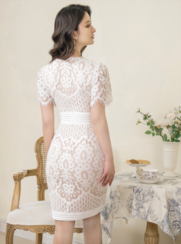 画像13: 【ERUKEI エルケイ】総レース/ 半袖/ 袖あり/ Vネック/ タイト/ ワンピース/ ミディアムドレス/ キャバドレス[OF2]