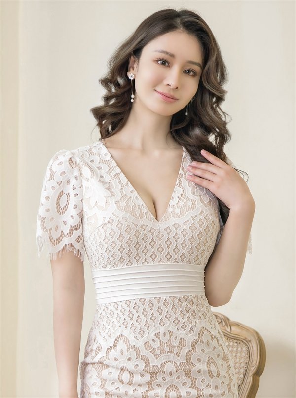 画像14: 【ERUKEI エルケイ】総レース/ 半袖/ 袖あり/ Vネック/ タイト/ ワンピース/ ミディアムドレス/ キャバドレス[OF2]