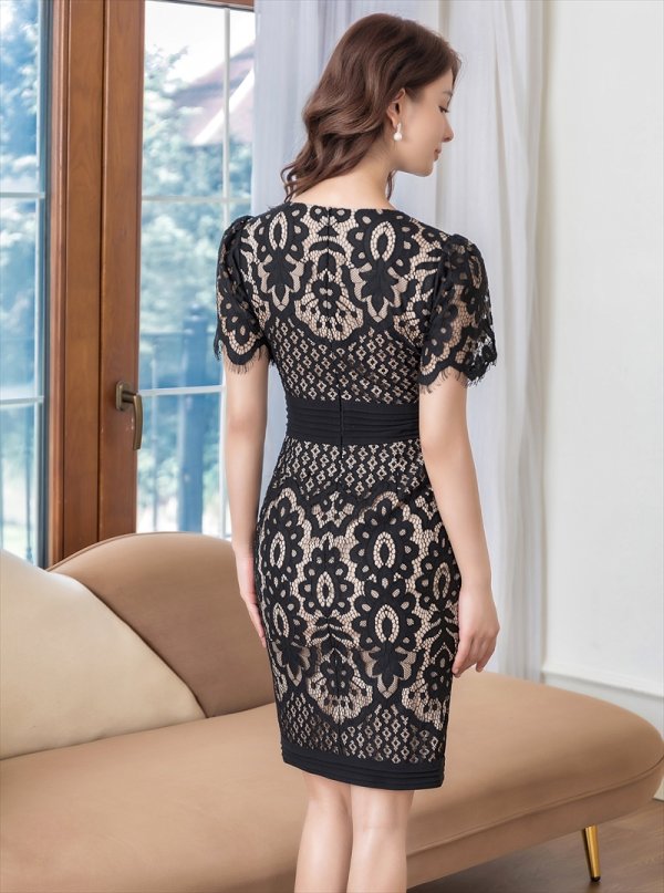 画像19: 【ERUKEI エルケイ】総レース/ 半袖/ 袖あり/ Vネック/ タイト/ ワンピース/ ミディアムドレス/ キャバドレス[OF2]