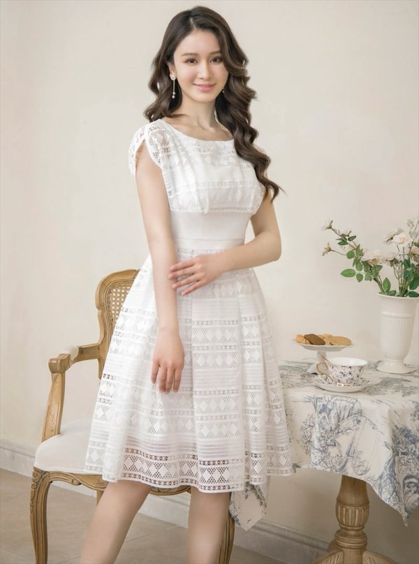 画像3: XSサイズあり【ERUKEI エルケイ】フレンチスリーブ/ ケミカルレース/ ボートネック/ Aライン/ フレア/ ワンピース/ ミディアムドレス/ キャバドレス[OF2]