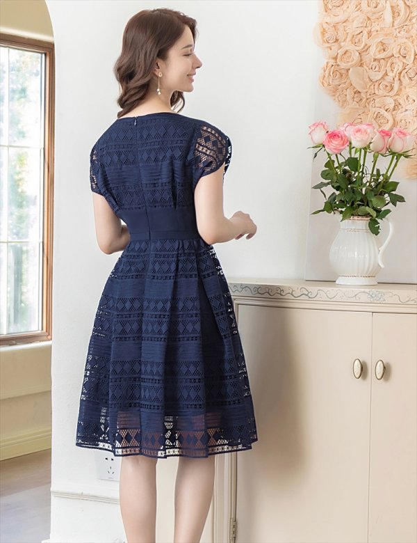 画像20: XSサイズあり【ERUKEI エルケイ】フレンチスリーブ/ ケミカルレース/ ボートネック/ Aライン/ フレア/ ワンピース/ ミディアムドレス/ キャバドレス[OF2]