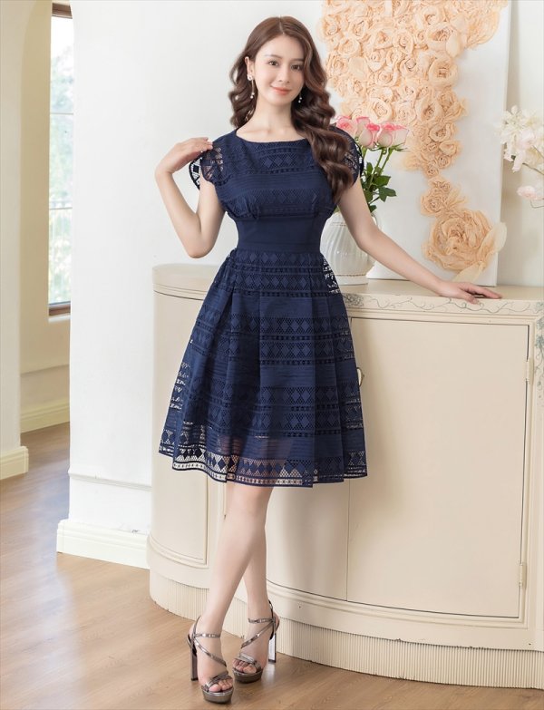 画像22: XSサイズあり【ERUKEI エルケイ】フレンチスリーブ/ ケミカルレース/ ボートネック/ Aライン/ フレア/ ワンピース/ ミディアムドレス/ キャバドレス[OF2]