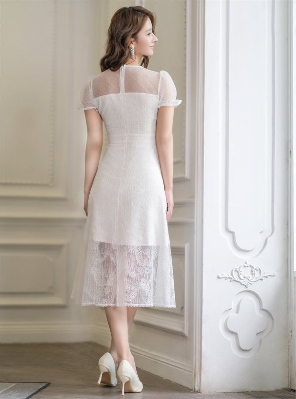 XS-Lサイズあり【ERUKEI エルケイ】ドット/ バストリボン/ パフスリーブ/ 袖あり/ 総レース/ Aライン/ ワンピース/ ミディアムドレス/ キャバドレス[OF2]　ホワイト