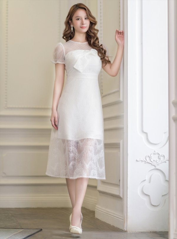 XS-Lサイズあり【ERUKEI エルケイ】ドット/ バストリボン/ パフスリーブ/ 袖あり/ 総レース/ Aライン/ ワンピース/ ミディアムドレス/ キャバドレス[OF2]　ホワイト