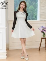 XS-Lサイズあり【GINZA COUTURE/銀座クチュール】リボン/ サテン/ チュールネット/ ラインストーン/ 長袖/ Aライン/ フレア/ ミニドレス/ キャバドレス[OF2]
