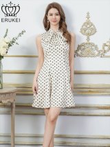 XS-Lサイズあり【ERUKEI エルケイ】ドット/ ノースリーブ/ プチハイネック/ リボン/ Aライン/ ワンピース/ ミニドレス/ キャバドレス[OF2]