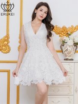 XS-Lサイズあり【ERUKEI エルケイ】フラワーレース/ 総レース/ ノースリーブ/ Vネック/ フレア/ Aライン/ ワンピース/ ミニドレス/ キャバドレス[OF2]