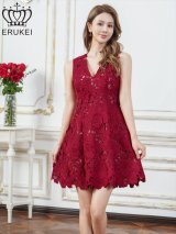 XS-Lサイズあり【ERUKEI エルケイ】フラワーレース/ 総レース/ ノースリーブ/ Vネック/ フレア/ Aライン/ ワンピース/ ミニドレス/ キャバドレス[OF2]