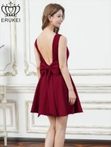 XS-Lサイズあり【ERUKEI エルケイ】バックオープン/ シンプル/ ワンカラー/ リボン/ ボートネック/ Aライン/ フレア/ ミニドレス/ キャバドレス[OF2]